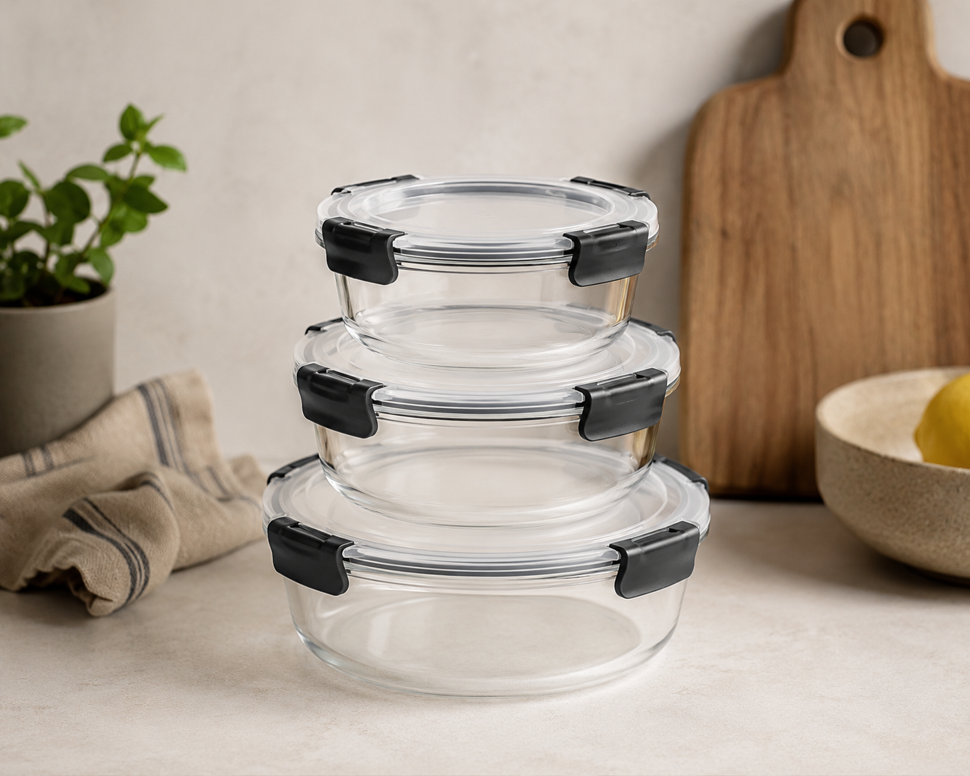 Three-piece glass food storage container set with airtight lids