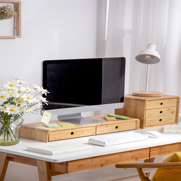 Bamboo monitor riser with storage drawers and desk organiser