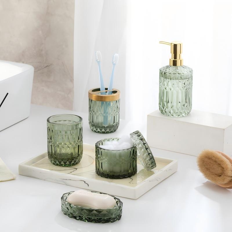 Bathroom glass accessory set with soap dispenser and tumbler