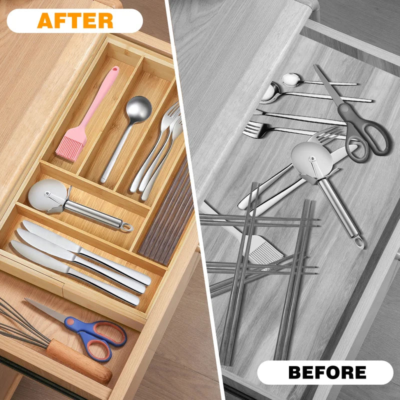 Expandable bamboo cutlery organiser for kitchen drawers
