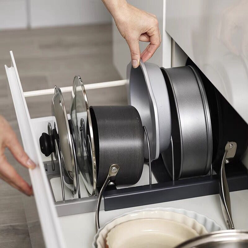 Expandable pan and lid organiser for kitchen cupboard storage