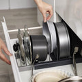 Expandable pan and lid organiser for kitchen cupboard storage