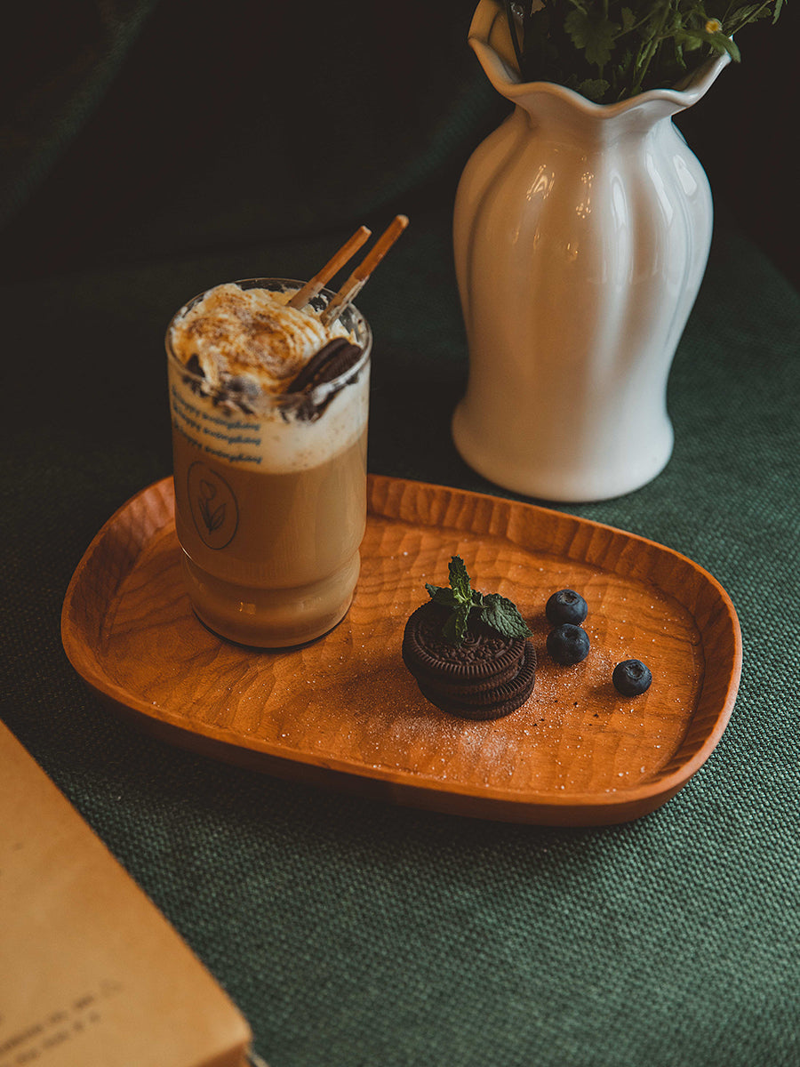 Handcrafted wooden coffee serving tray with rustic finish